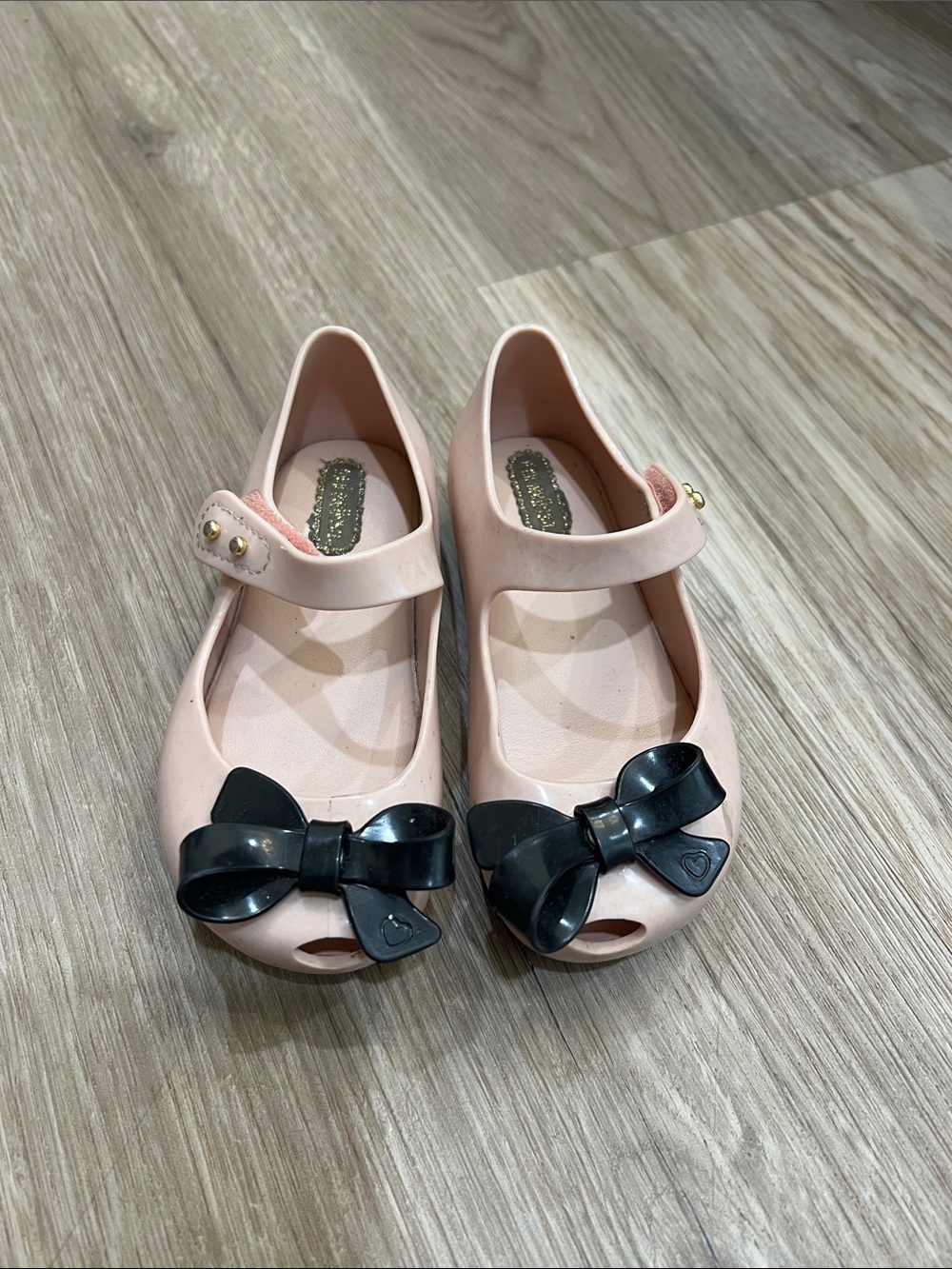 Mini Melissa Pink Mary Jane Flats with Black Bow Accent